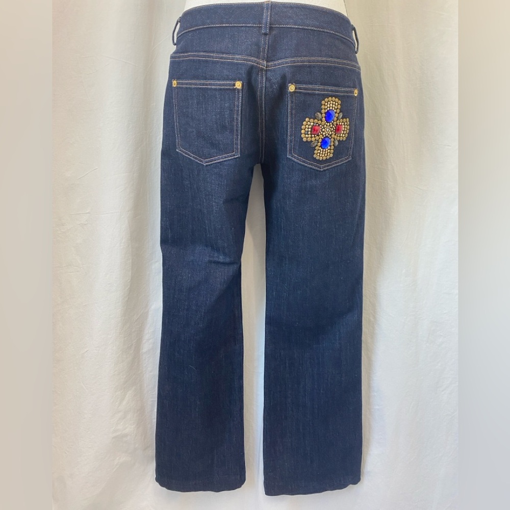 St. John dark wash mid-rise straight-leg jeans pants Jeweled Maltese cross sz 8